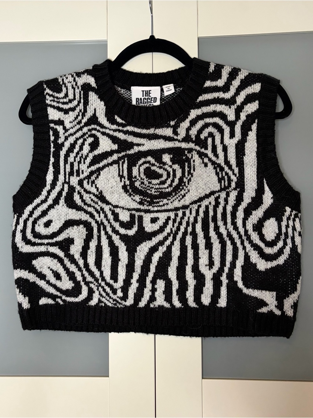 The Ragged Priest marble black & white eye graphic sweater vest